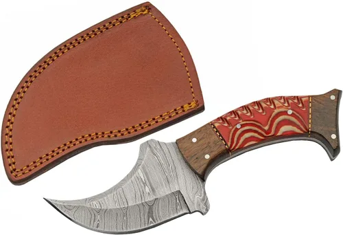 SANZ - Cuchillo de caza de rinoceronte de Damasco de 8 pulgadas, cuchillo de campamento rojo con mango de madera, hoja de espiga completa y funda,