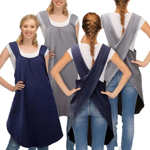 Miniatura 9 de JaGely Paquete de 2 delantales de cocina de lino japonés con espalda cruzada para mujeres y hombres con 2 bolsillos, lindo vestido de jardinería