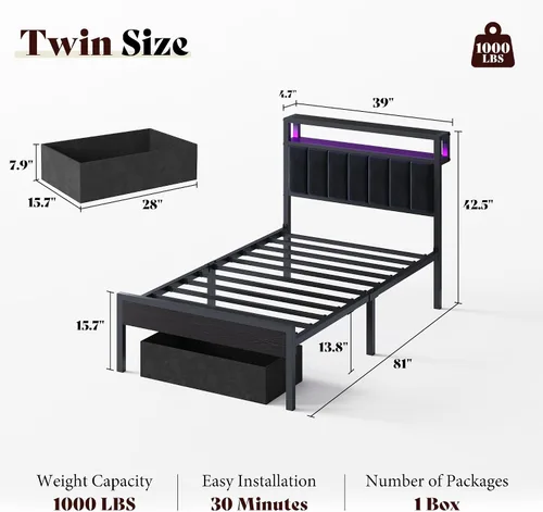 Miniatura 2 de AMERLIFE Base de cama individual con luz LED y 2 cajones de almacenamiento, plataforma de metal con cabecera de almacenamiento, tapizada