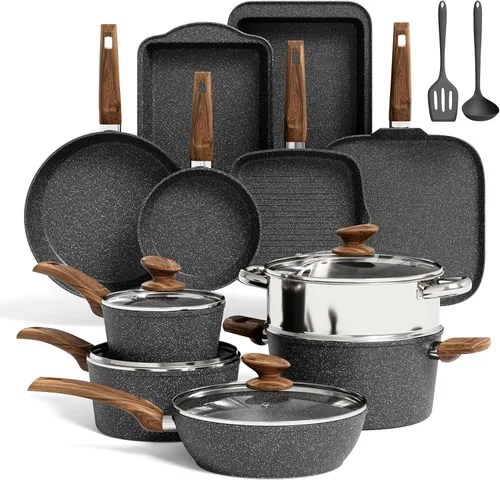 Kitchen Academy Juego de utensilios de cocina de inducción de 17 piezas, ollas y sartenes de granito antiadherentes, sartenes de cocina negras, sin