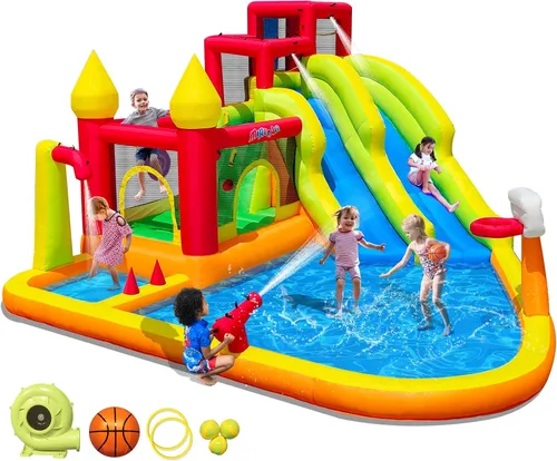 MIRUNAIR Casa inflable de rebote con toboganes, tobogán acuático inflable para niños en el patio trasero, parque acuático de rebote con soplador de