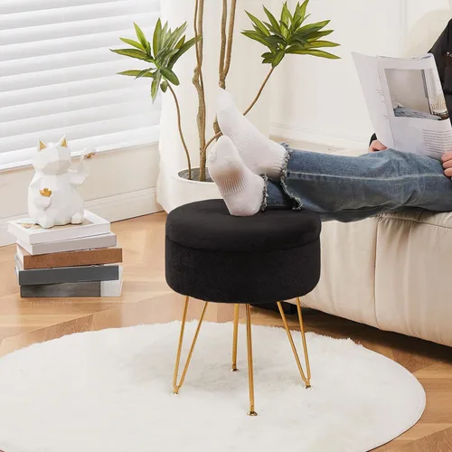 Miniatura 4 de Reposapiés Taburetes Redondos de Piel Sintética Otomana con Espacio de Almacenamiento Silla de Tocador Suave Asiento Mesa de Centro Otomana Mesa