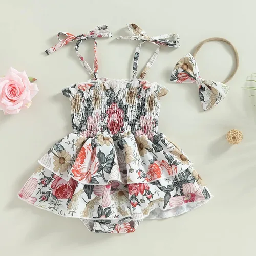 Miniatura 31 de Mameluco para bebés y niñas de 3, 6, 9, 12, 18 meses, enterizo de manga corta, fruncido, faldas y dobladillo, diadema