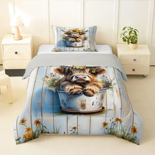 Miniatura 44 de Juego de ropa de cama de vaca de las tierras altas, edredón de ganado de las tierras altas, juego de edredón rosa floral de vaca occidental, juego