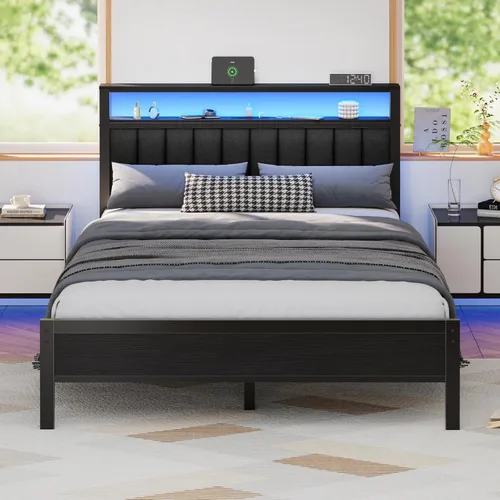 Furnulem - Base de cama tamaño Queen con estación de carga y luces LED, cama de plataforma con listones de metal, cabecera tapizada gris con Roble