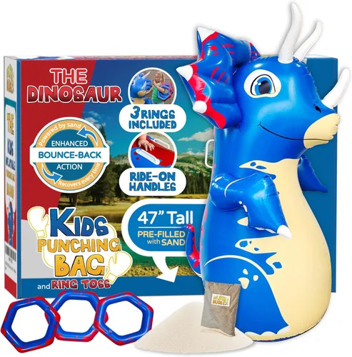 INFLATABLE DUDES Dinosaurio - Saco de boxeo para niños | Ya lleno de arena | Bolsa Bop | Juguete de boxeo inflable | Saco de boxeo para niños | Blue