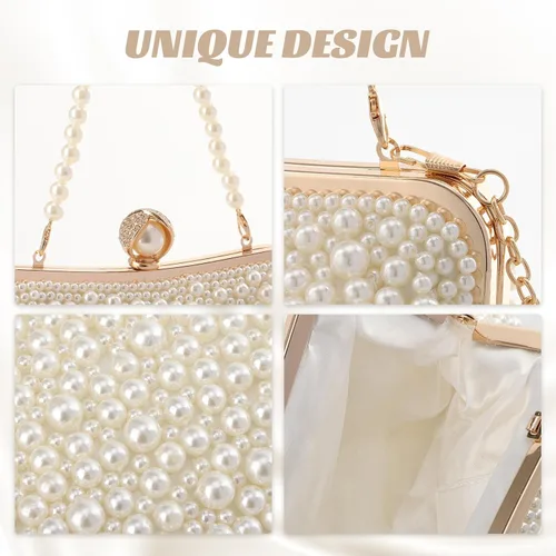 Miniatura 4 de Fecialy Women Pearl Clutch Purses Evening Handbags Clutch Wedding Crystal Shoulder Bag with Pearl Chain