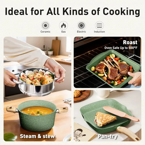 Miniatura 3 de Juego de 17 piezas de ollas y sartenes antiadherentes, juegos de utensilios de cocina de granito antiadherentes de inducción para la cocina, Verde