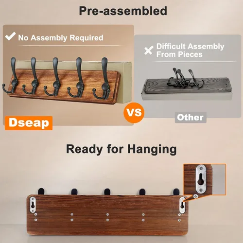 Miniatura 4 de Dseap Perchero de Pared Montado - 5 Ganchos Triangulares, Resistente, Perchero de Pared de Madera para Abriggos, Sombreros, Chaquetas, Ropa, Negro
