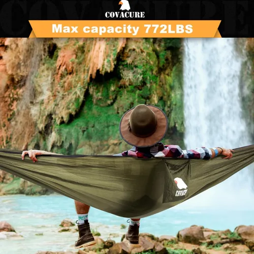 Miniatura 2 de COVACURE Hamaca de camping – Hamaca portátil de capacidad de 772 libras con correas de árbol, hamaca de viaje de nailon de paracaídas duradera