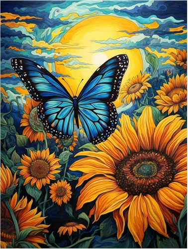 Maripabon Kit de pintura de diamantes de girasoles 5D para adultos, diseño de mariposas y diamantes redondos, arte de animales, flores, arte para