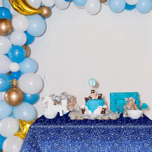 Miniatura 6 de 3 piezas Manteles Azul Plateado Decoraciones de Fiesta Mezclilla y Diamantes Mantel Azul Marino y Plateado Desechable de Plástico Confeti Real