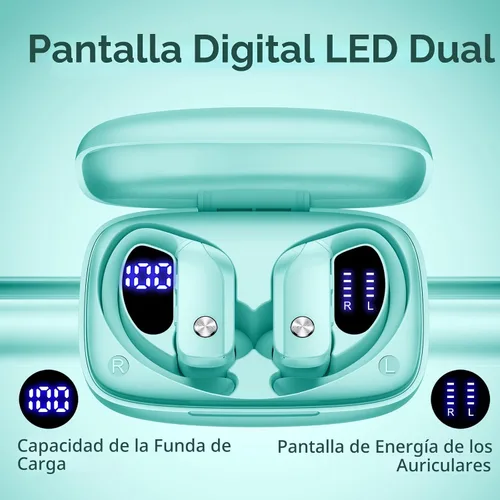 Miniatura 2 de bmani Ear Buds - Auriculares inalámbricos Bluetooth con pantalla LED de 80 horas de reproducción, gancho sobre la oreja con micrófono, sonido Verde