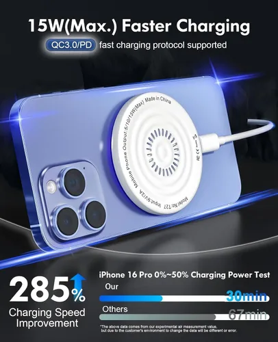 Miniatura 2 de Para cargador MagSafe: 2 paquetes de 15 W cargador inalámbrico magnético de carga rápida para iPhone 16 15 14 13 12 Series y AirPods 4-2 Pro, imán