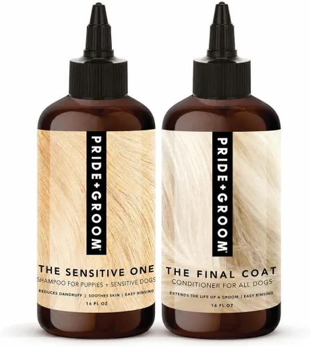 Pride and Groom The Sensitive One Box Set – Champú y acondicionador para perros con mezcla natural de aceites esenciales e ingredientes para calmar,