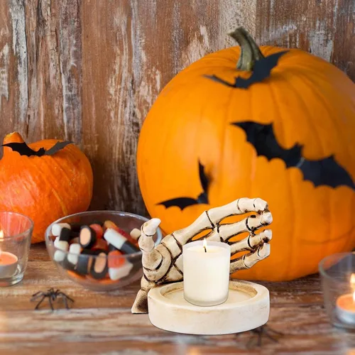 Miniatura 2 de Decoración de portavelas de Halloween, adorno de candelabro de mano de esqueleto de resina, soporte de vela de Halloween gótico aterrador