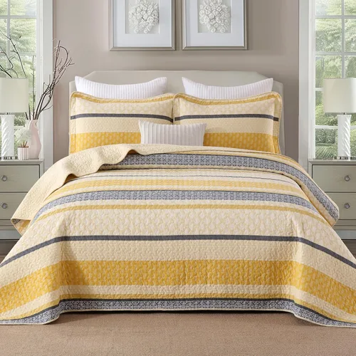 Homzard - Juego de ropa de cama de algodón, tamaño Queen, color amarillo, negro y gris a rayas, ligero, de estilo rústico, para todas las 01-2