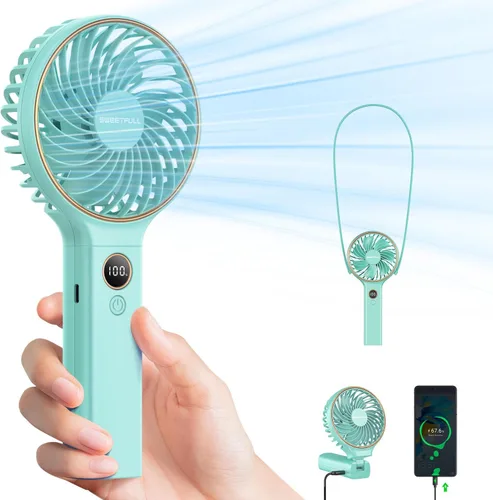 Miniatura 10 de SWEETFULL Ventilador portátil de mano, batería recargable de 5000 mAh, viento de 6 velocidades, pantalla digital LED, mini ventilador de viaje Negro