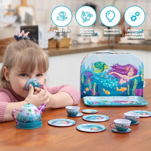 Miniatura 8 de JOYIN Juego de fiesta de té de sirena para niñas pequeñas, juego de tetera de hojalata, juguete de cocina con tetera, tazas, platos, estuche