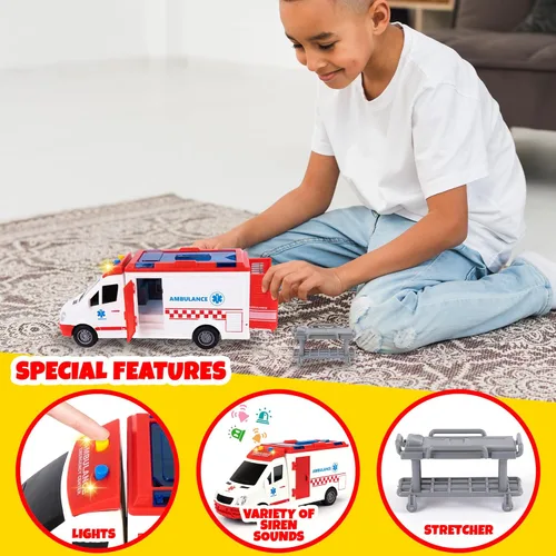 Miniatura 5 de ArtCreativity Camión de juguete de ambulancia para niños, luces y sirena, ambulancia de juguete de rescate a escala 1/16, juguetes de ambulancia