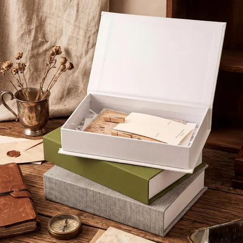Miniatura 3 de Tioncy Caja de libros falsos de lino neutro, 3 piezas, decoración de imitación para decoración del hogar, estantes, mesa, tarjetas, fotos, regalo