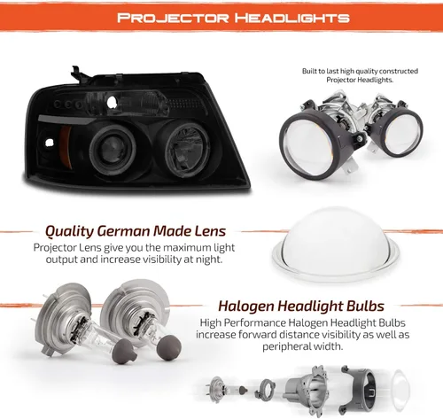 Miniatura 5 de AKKON - Para 04-08 Ford F150 F-150 Pickup Faros delanteros de repuesto LED G2 de halo dual con proyector, color negro ahumado Carcasa negra ahumada.