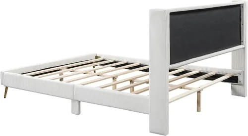 Miniatura 7 de Marco de cama de terciopelo tamaño Queen, cabecera capitonada con alas de canal vertical, cama con plataforma tapizada, listones de madera fuertes