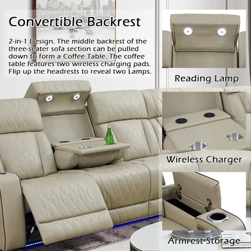 Miniatura 2 de Juego de sofá modular reclinable eléctrico para sala de estar, juego de sofá reclinable de cuero con luces LED / almacenamiento oculto, sofá