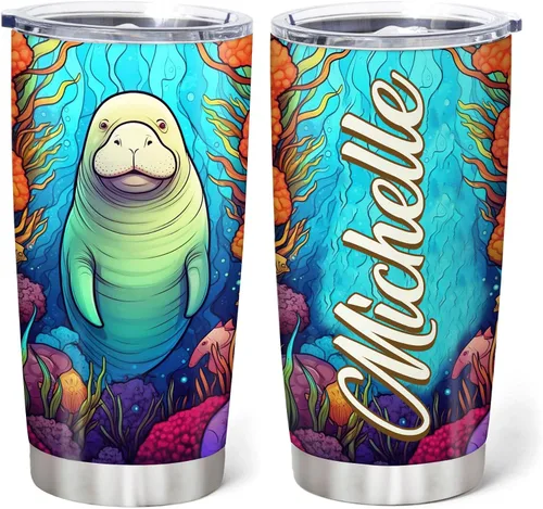 Miniatura 13 de Hyturtle Regalos personalizados para amantes de los manatíes, vaso de acero inoxidable con nombre personalizado de 20 onzas con tapa, idea de lindos