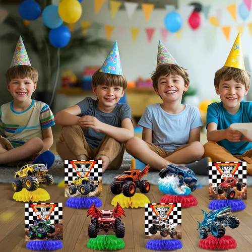 Miniatura 5 de 9 piezas de centro de mesa de nido de abeja de camión monstruo camión monstruo decoraciones de fiesta de cumpleaños Monster Truck decoraciones