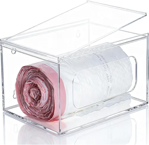 SEANADO Dispensador de bolsa de basura extra grande con soporte para rollo y tapa - Caja de almacenamiento apilable de acrílico para montaje en