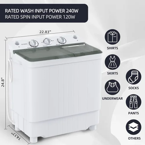 Miniatura 2 de Elevon Lavadora Portátil de Doble Tina de 9.9 Libras de Capacidad, (7.7 Libras) y Centrifugadora (2.2 Libras) Combo Mini Lavadora Compacta