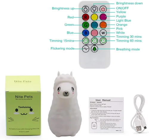 Miniatura 5 de Luz nocturna de alpaca para niños, lámpara de noche LED para habitación de los niños, luz de silicona suave recargable, brillo y colores ajustables