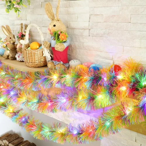 Miniatura 3 de Chuangdi Guirnalda de oropel de Pascua de 16.4 pies con tira de luces LED, guirnalda de alambre metálico con alambre metálico, decoración