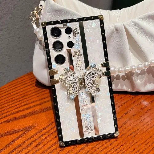 Miniatura 6 de Bonita funda compatible con Samsung Galaxy S22 Ultra, soporte plegable de lujo con diseño de mariposa brillante para mujeres y niñas, funda Blanco