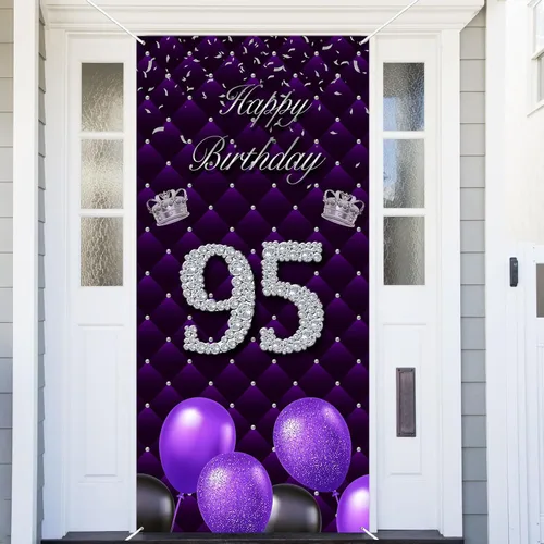 Miniatura 19 de Cartel morado de feliz primer cumpleaños telón de fondo para cabina de fotos, globos de corona plateada, decoración temática para niña, aniversario