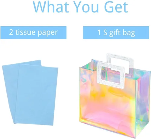 Miniatura 5 de Bolsa de regalo pequeña holográfica de 8.3'' con papel de seda, bolsa de regalo reutilizable para cumpleaños para niñas y mujeres, bolsa iridescente