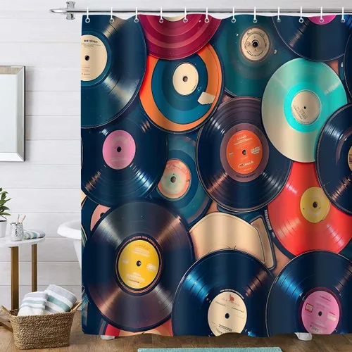 Miniatura 2 de YLOKTP0796 - Cortina de ducha con música retro, 36 x 72 pulgadas, discos musicales, álbum de baño, bañeras, juego de decoración con 6 ganchos