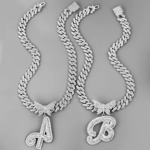 Miniatura 5 de Cadena de eslabones cubanos para mujer, con inicial de plata cursiva de 0.55 pulgadas, con punta de diamante, cadena cubana de hip hop, collar