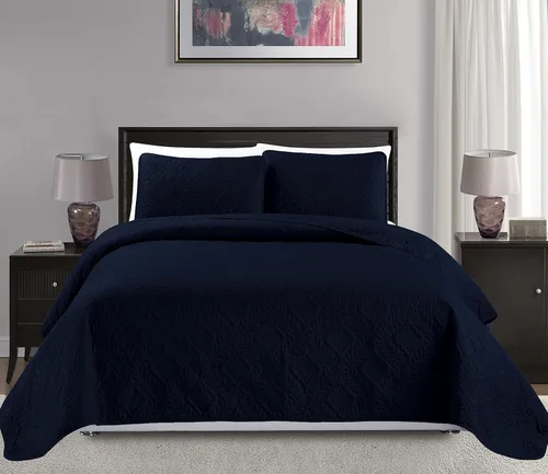 Mk Collection Colcha Tamaño Full/Queen Sobre Tamaño 100"x106" 3 piezas Diamante Colcha Cubre-Cama Realzado Sólido Azul Marino Nuevo