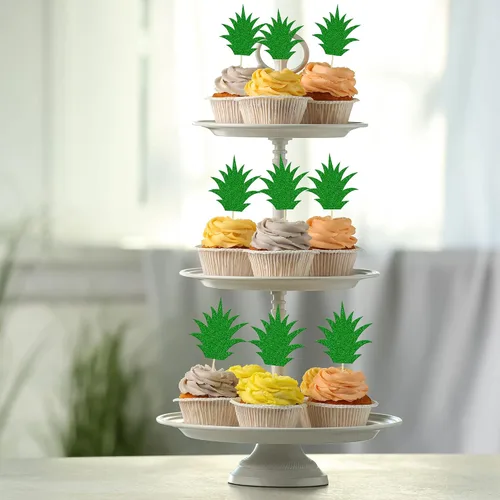 Miniatura 5 de 36 piezas de adornos para cupcakes de piña verde con purpurina verde para Luau despedida de soltera, fiesta de verano tropical, decoración
