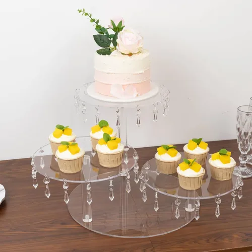 Miniatura 19 de Efavormart - Paquete de 2 elevadores de plástico transparente de 12 pulgadas con borde dorado para cupcakes y postres, soporte desechable para tartas