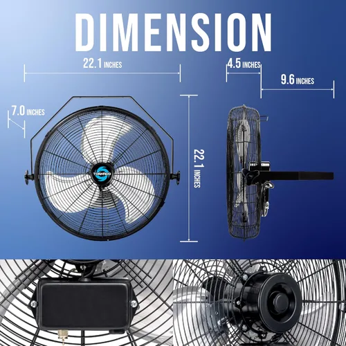 Miniatura 2 de Tornado - Ventilador de pared industrial de alta velocidad de 18 pulgadas con motor de carcasa TEAO - 4000 CFM - 3 velocidades - Cable de 6.5 pies