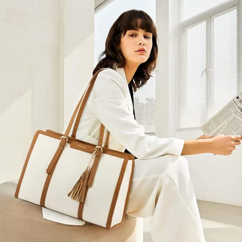 Miniatura 2 de LOVEVOOK Bolsa para laptop para mujer, bolsa de lona ligera de 15.6 pulgadas, bolsa grande para computadora, con bolso de mano, para negocios, Beige