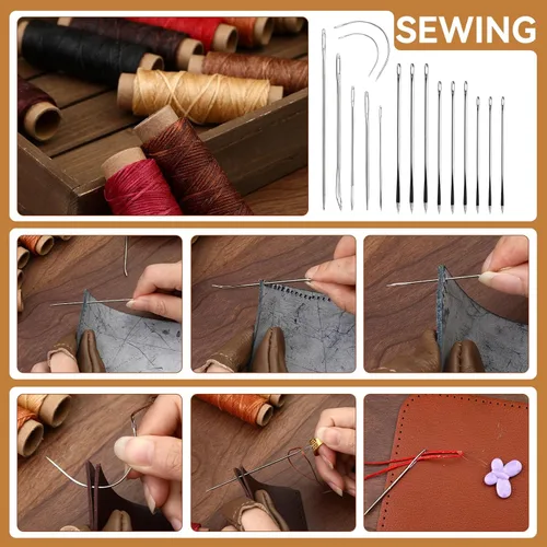 Miniatura 6 de Kit de trabajo de cuero de 60 piezas, kit de costura de cuero, herramientas de artesanía de cuero con bolsa de almacenamiento, herramientas