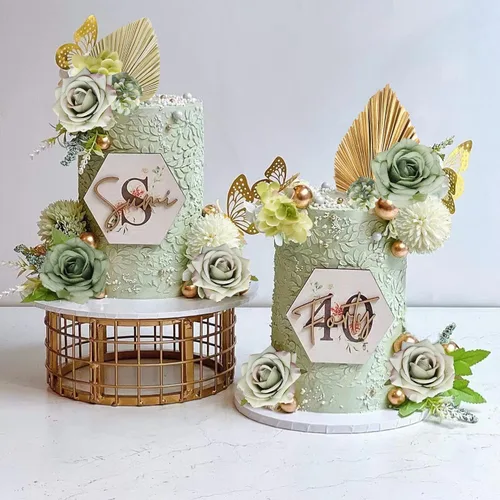 Miniatura 3 de Decoración de pastel bohemia con hojas de palma, flores verdes polvorientas y mariposas, decoraciones para pasteles para boda bohemia, baby shower