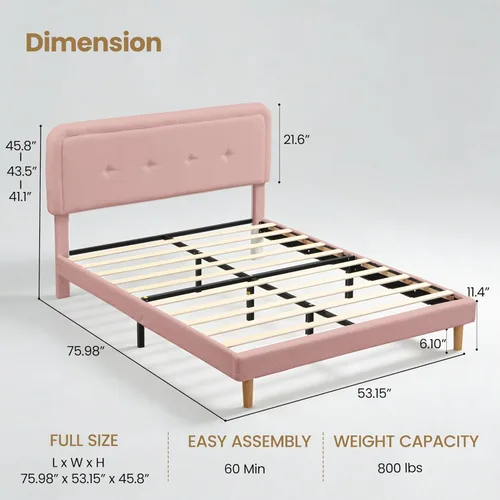 Miniatura 2 de Base de cama de tamaño matrimonial con cabecera ajustable, moderna cama tapizada suave y bonita con tela de bucle, marco de cama para niñas, fácil
