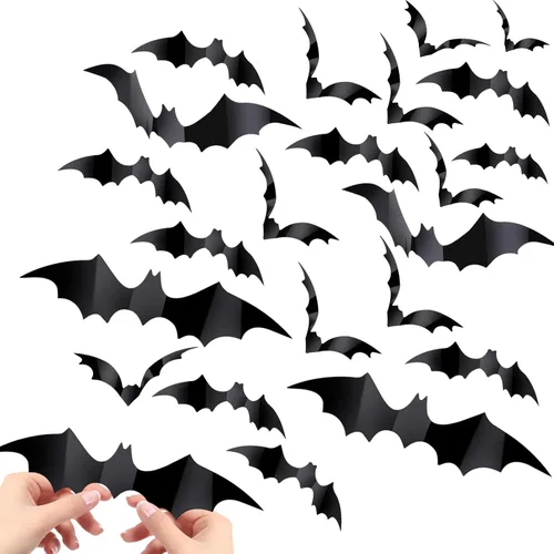 60 piezas de decoración de murciélagos, decoración de habitación de Halloween, 4 tamaños diferentes, realistas, impermeables, de PVC, color negro,