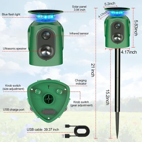 Miniatura 8 de Repelente ultrasónico de animales para exteriores – Repelente de gatos y disuasorio de ciervos con sensor PIR y alimentado por energía solar
