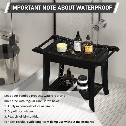 Miniatura 4 de Taburete Banco de Ducha de Bambú Impermeable con Estante de Almacenamiento para Afeitarse las Piernas o Asiento de Baño de Spa en el Baño y Dentro